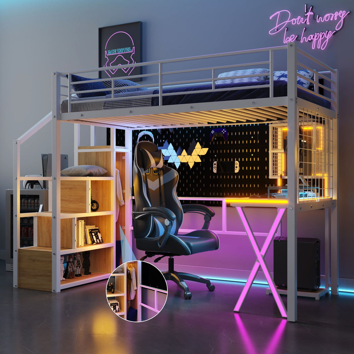 Loft Bed with Built-In Work Station, Wardrobe & Storage Staircase – White or Black