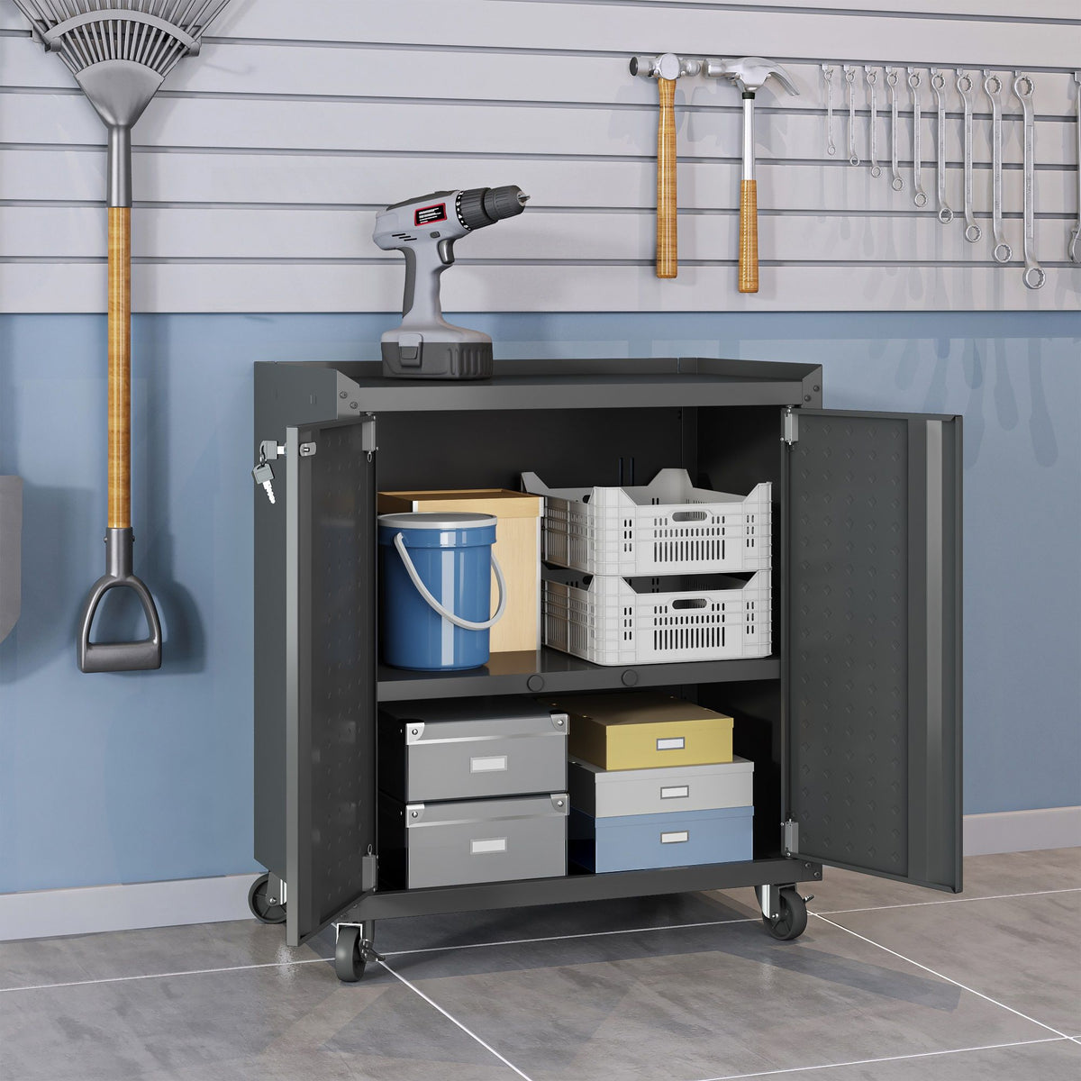 Rolling Garage Cabinet with Lockable Door and Adjustable Shelf - Multiple Colors
