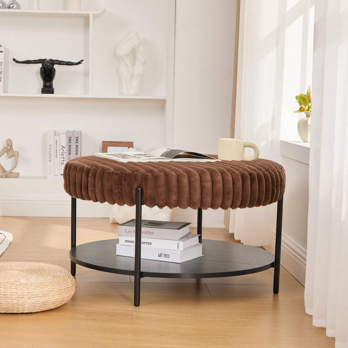 Modern Upholstered Round Ottoman Coffee Table with Storage Shelf - Fabric