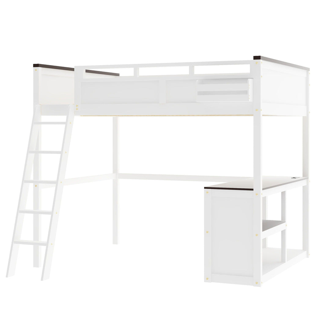 Queen Size Loft Bed with Desk, Storage, and USB Charging Station - White