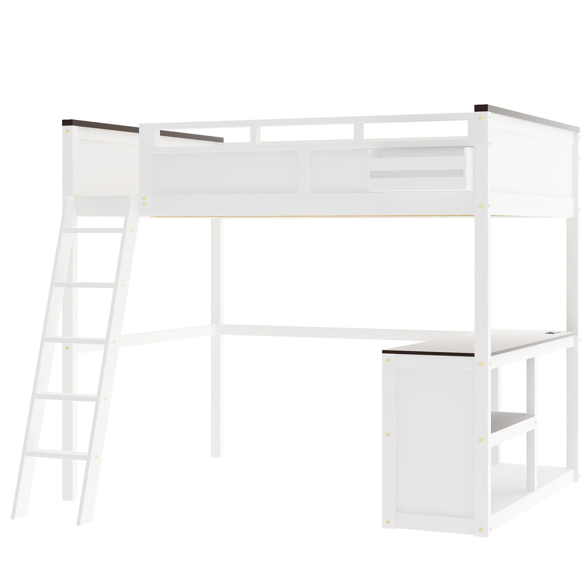 Queen Size Loft Bed with Desk, Storage, and USB Charging Station - White