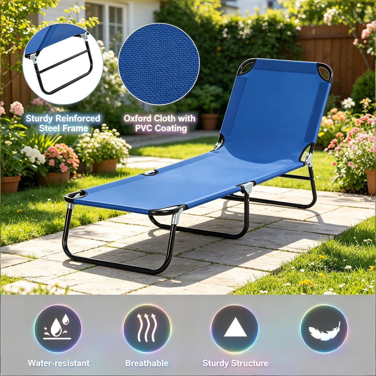 Neutral Oxford Fabric Sun Tanning Chair with 5-Position Backrest - Neutral