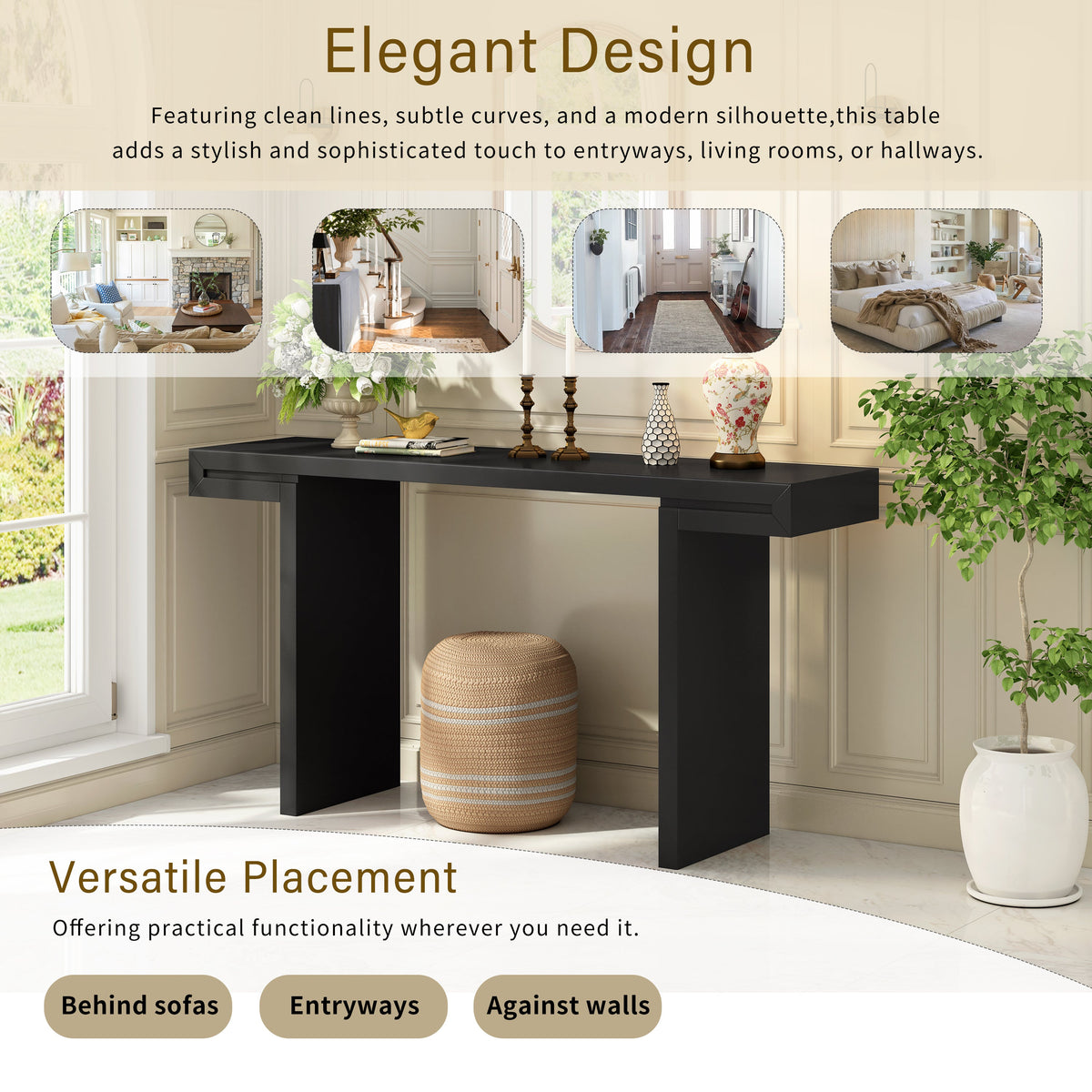 60-Inch Console Table with Geometric Design and Adjustable Feet - Black or Navy Blue