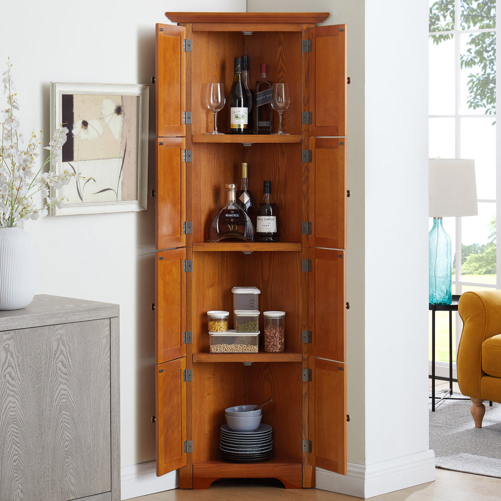72" Corner Kitchen Pantry Cabinet | 4-Tier Tall Storage with 8 Doors & Shelves — Farmhouse Oak