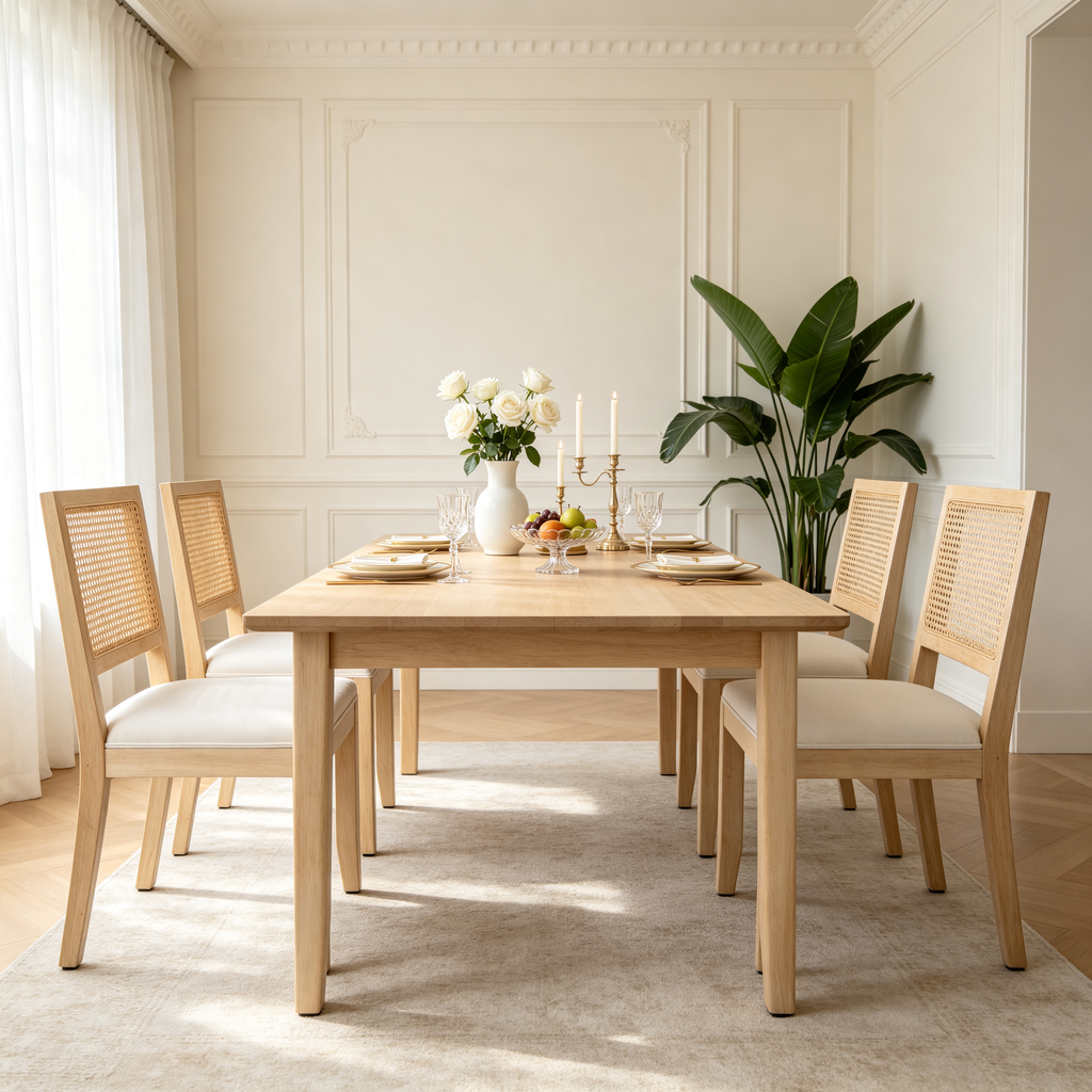 Farmhouse Rattan Dining Chairs Set of 2 with Linen Upholstery - Natural