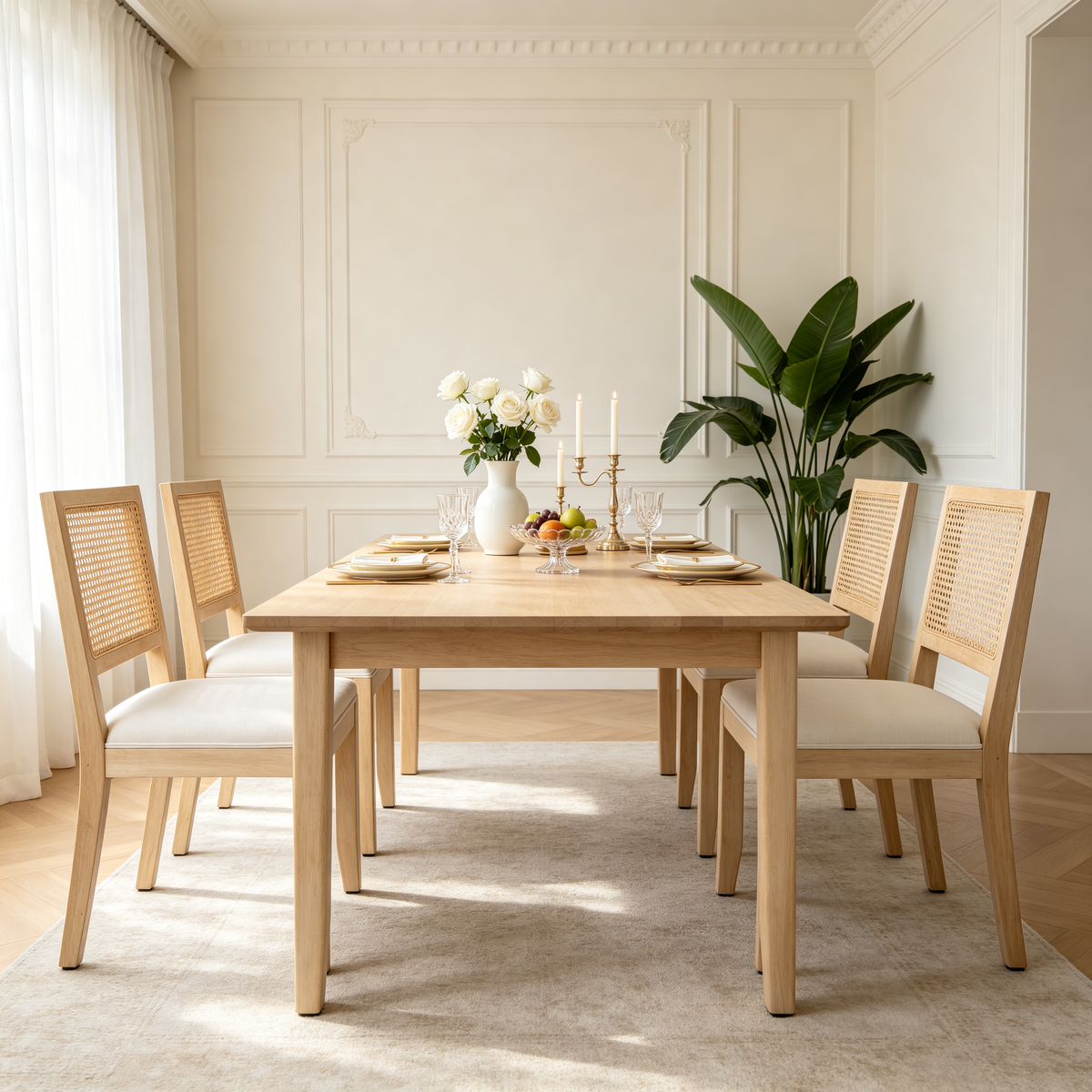 Farmhouse Rattan Dining Chairs Set of 2 with Linen Upholstery - Natural