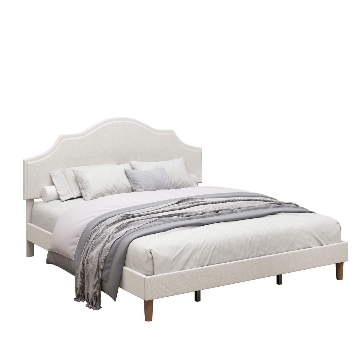 King Upholstered Platform Bed Frame with Adjustable Headboard - White