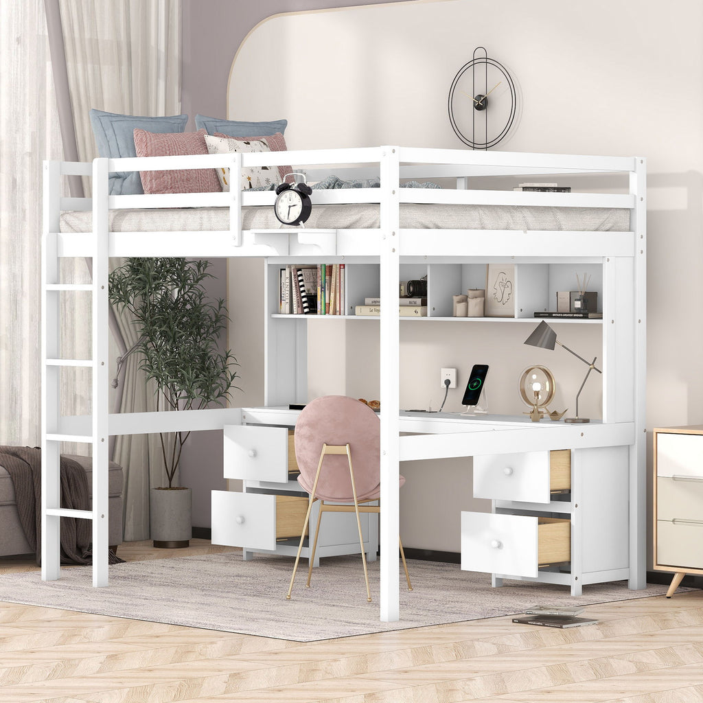 Loft Bed with Desk, Cabinets, Drawers and Charging Station - Full Size