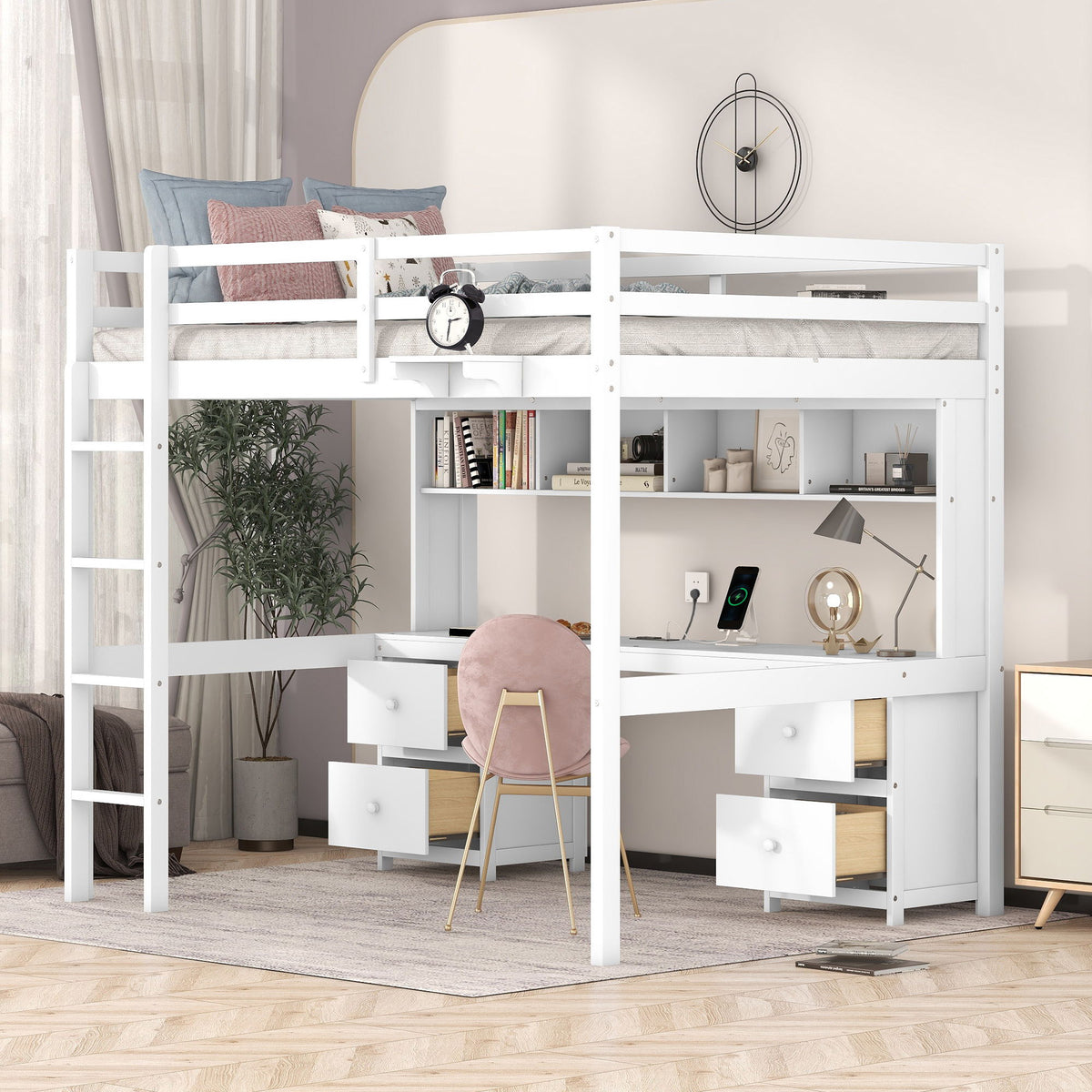 Loft Bed with Desk, Cabinets, Drawers and Charging Station - Full Size