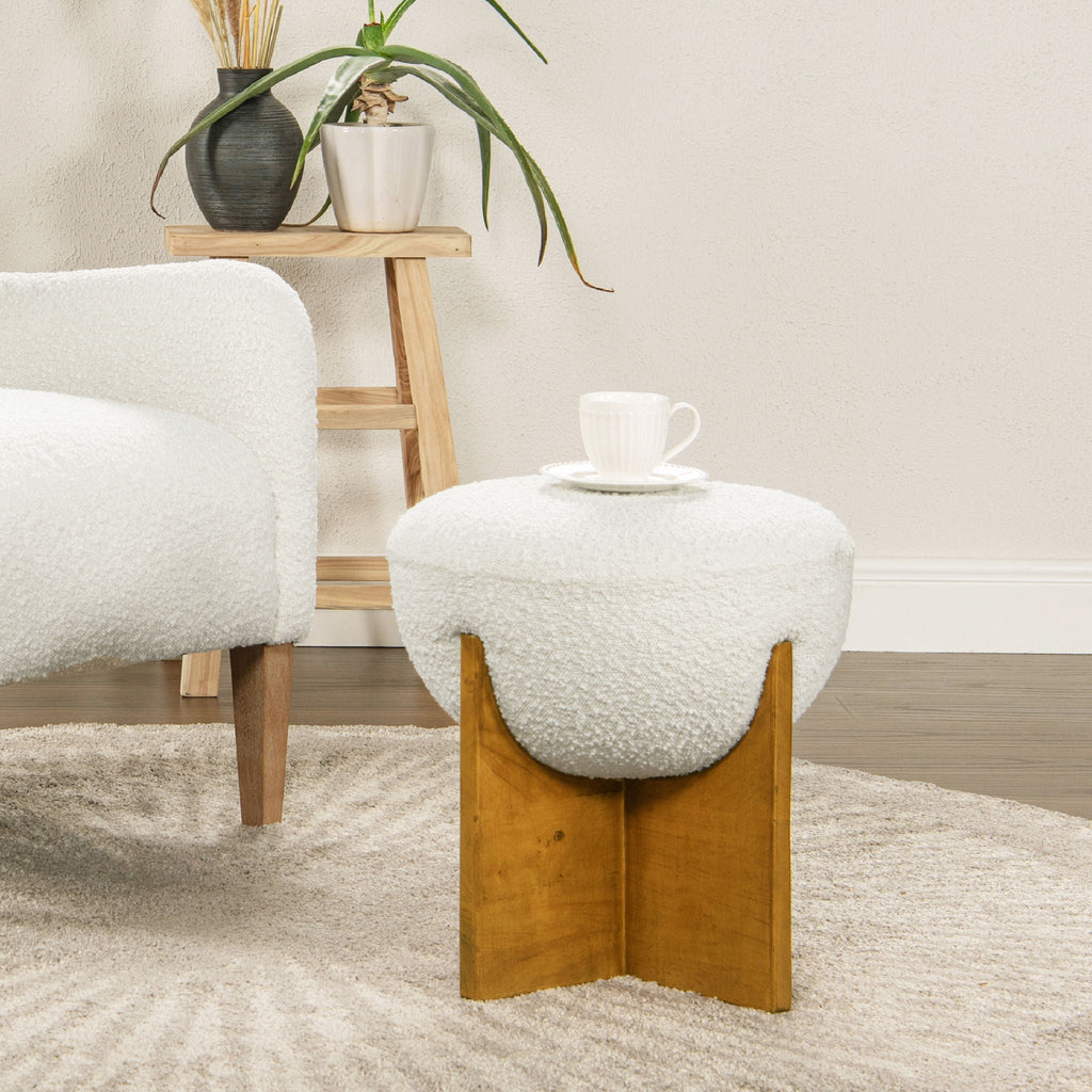 Round Upholstered Ottoman with Handmade Artisanal Quality - White