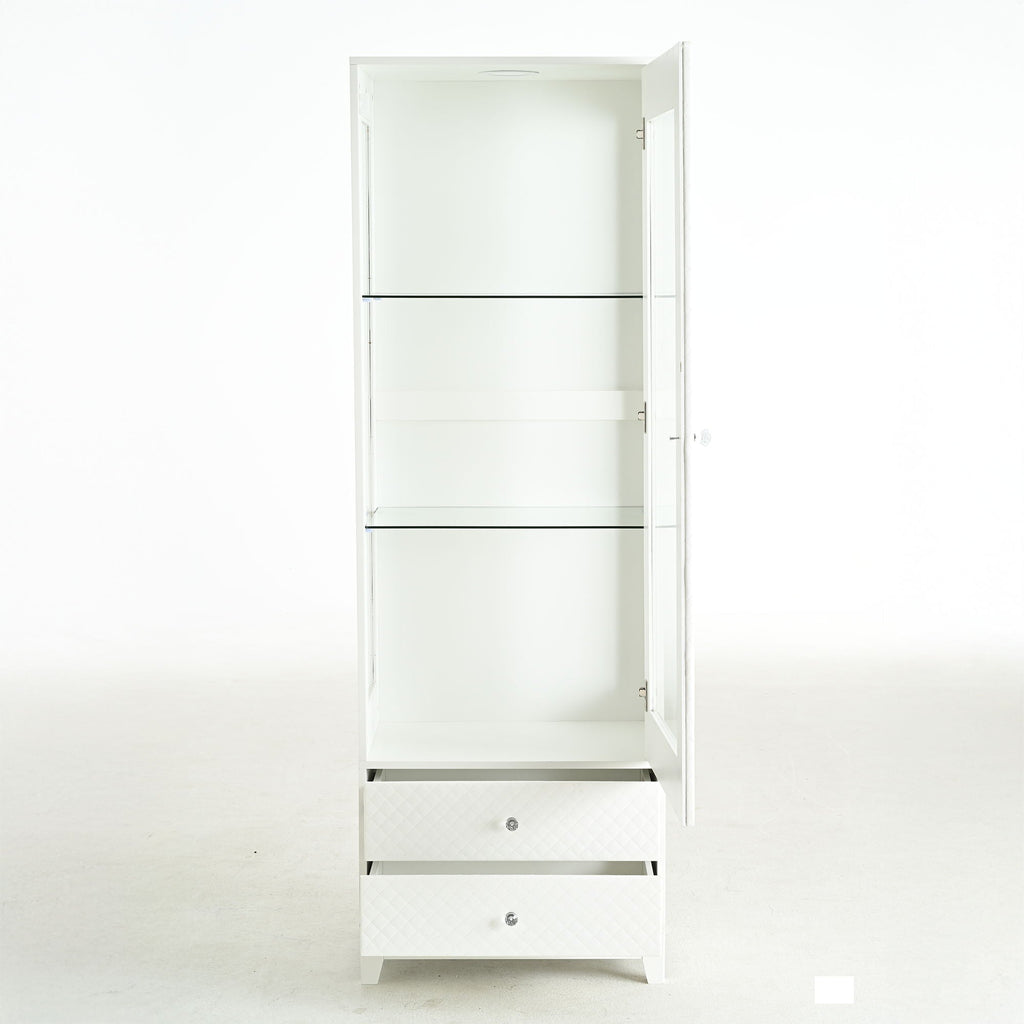 Modern Upholstered Glass Display Cabinet with Adjustable LED Light - White