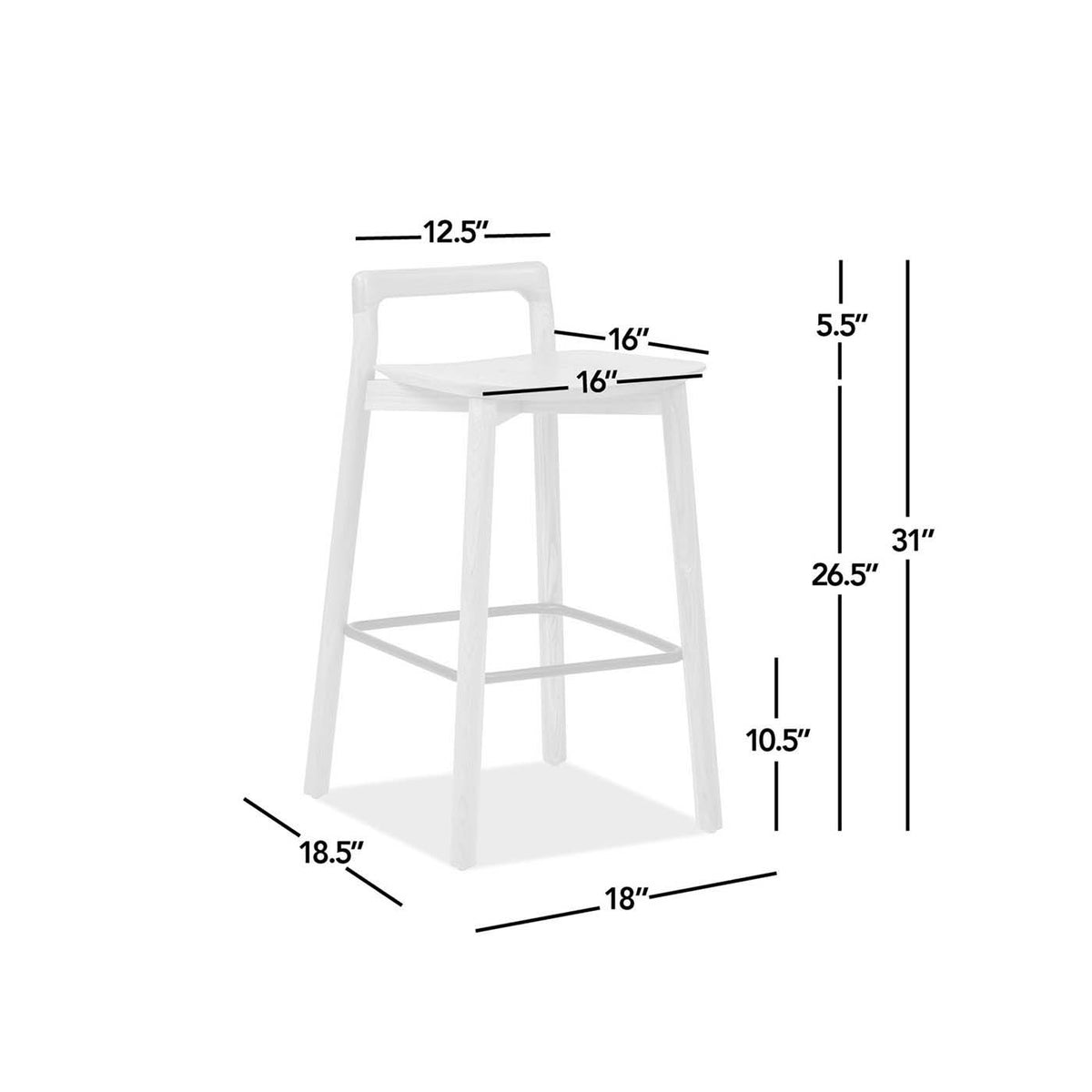 Modern Minimalist Low Back Counter Stool with Ash Wood Construction - Dark Brown Walnut