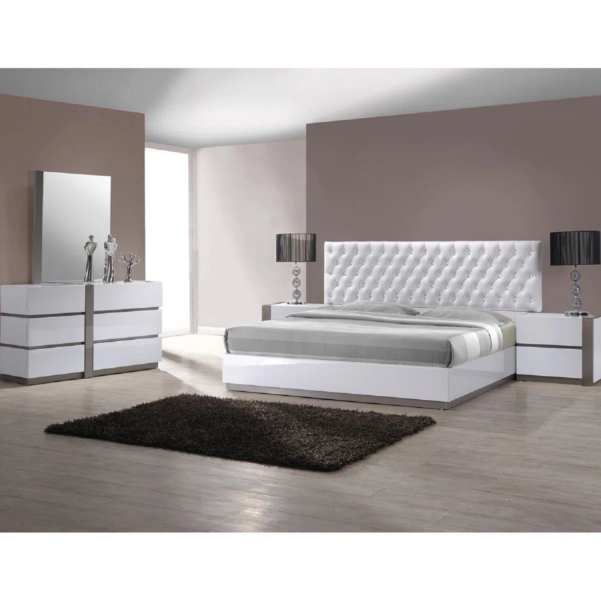 White Nightstand Bedside Table with 2 Drawers - High Gloss Finish