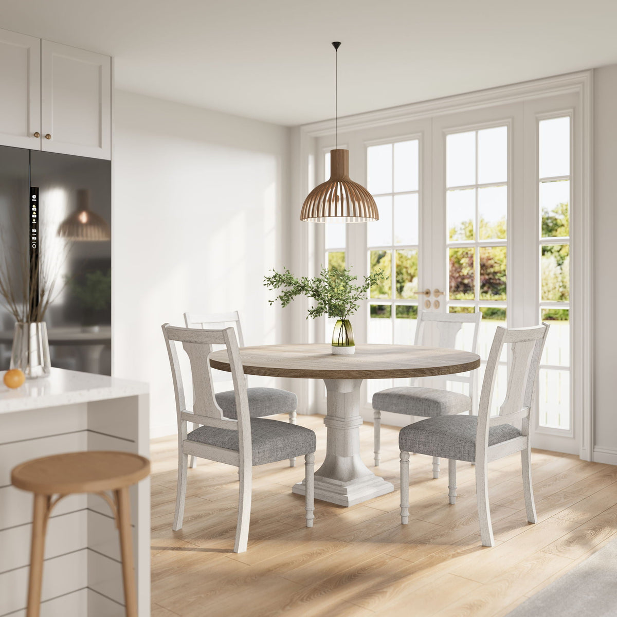 Round 5 Piece Dining Table Set with Pedestal Base - White And Gray
