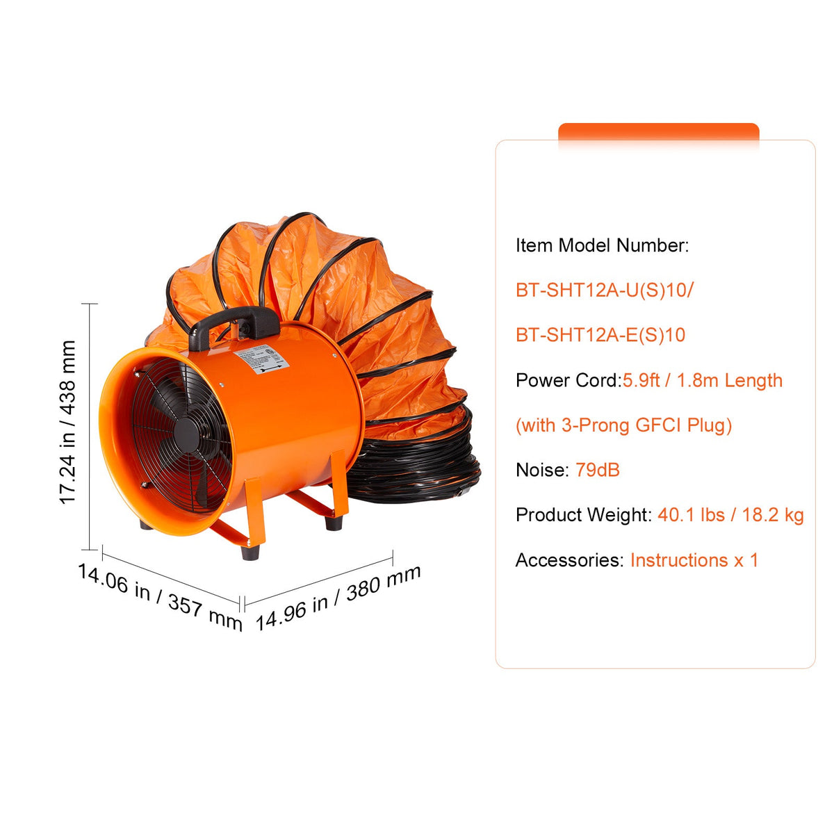 Portable 12 Inch Heavy Duty Ventilator Fan with 33ft Duct Hose