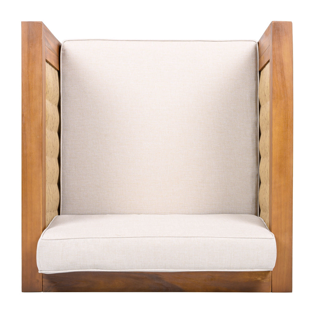 Outdoor Club Chair with Rope Arm and Cushions - Beige Teak