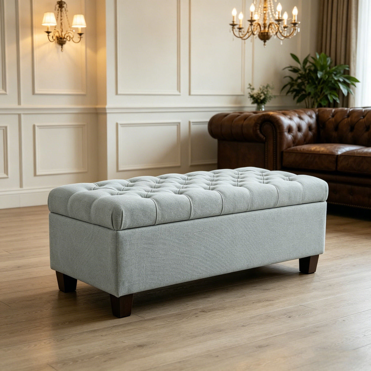 Elegant Tufted Storage Ottoman Bench with Hidden Storage - Dark Brown or Light Blue