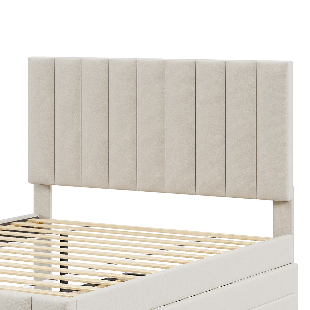 Upholstered Platform Bed with Twin Size Trundle and 3 Drawers - Beige, Full