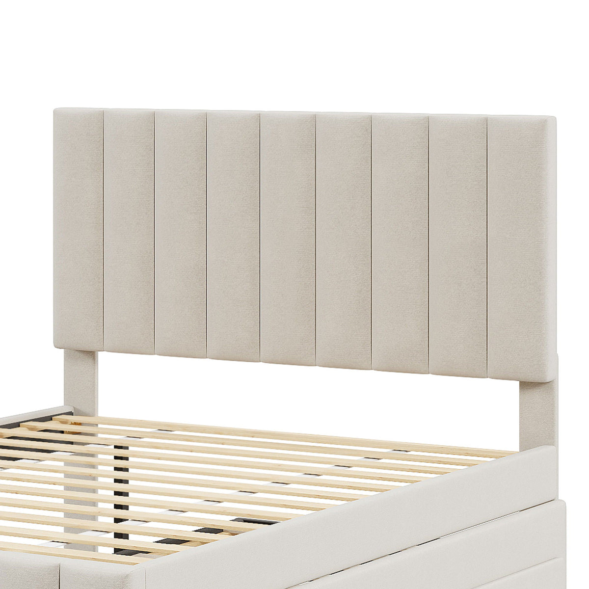 Upholstered Platform Bed with Twin Size Trundle and 3 Drawers - Beige, Full