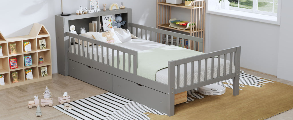 Twin Storage Bed with Headboard Rack & Under-Bed Drawers - Multiple Colors