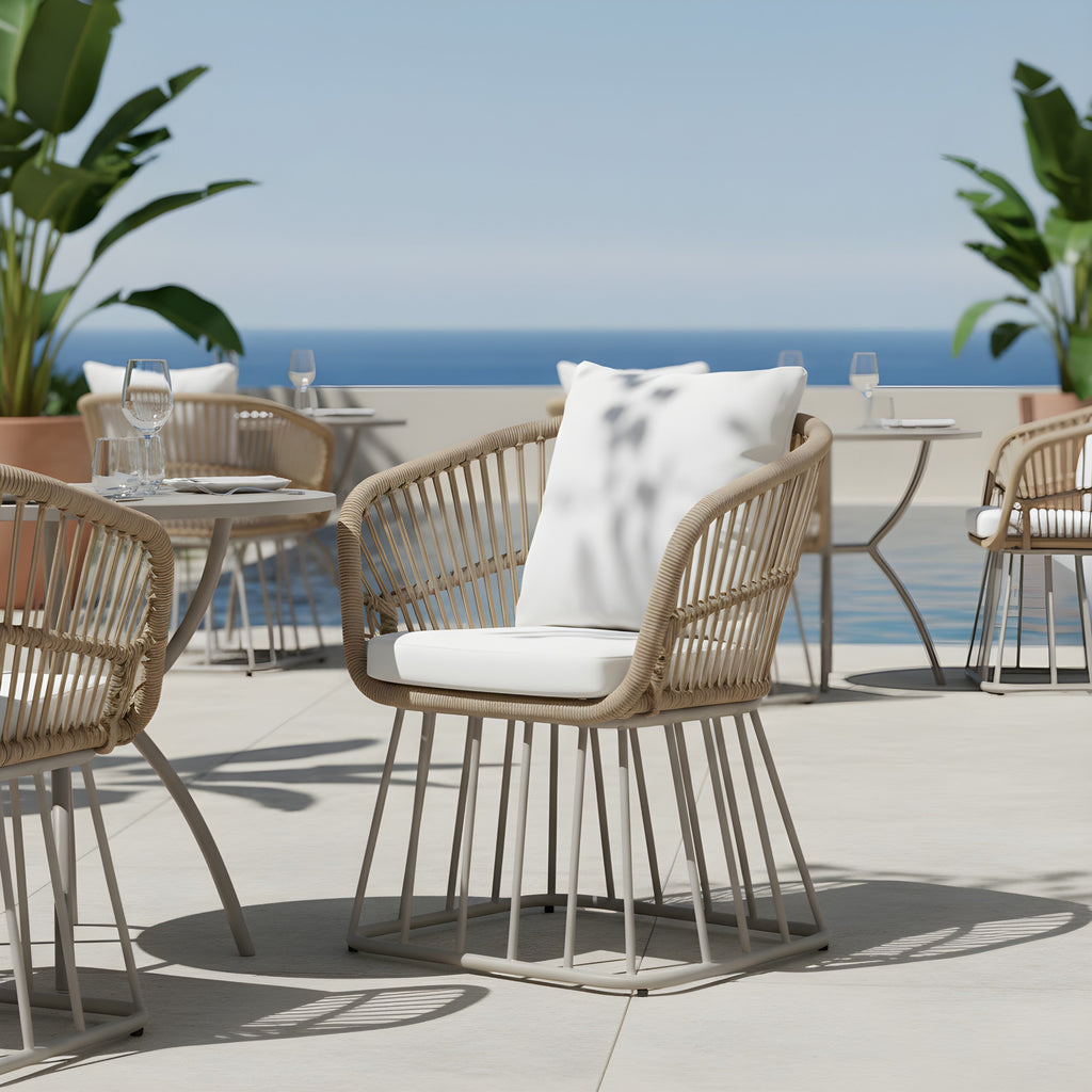 Teak Finish Wicker Outdoor Dining Chair with Steel Frame - Beige