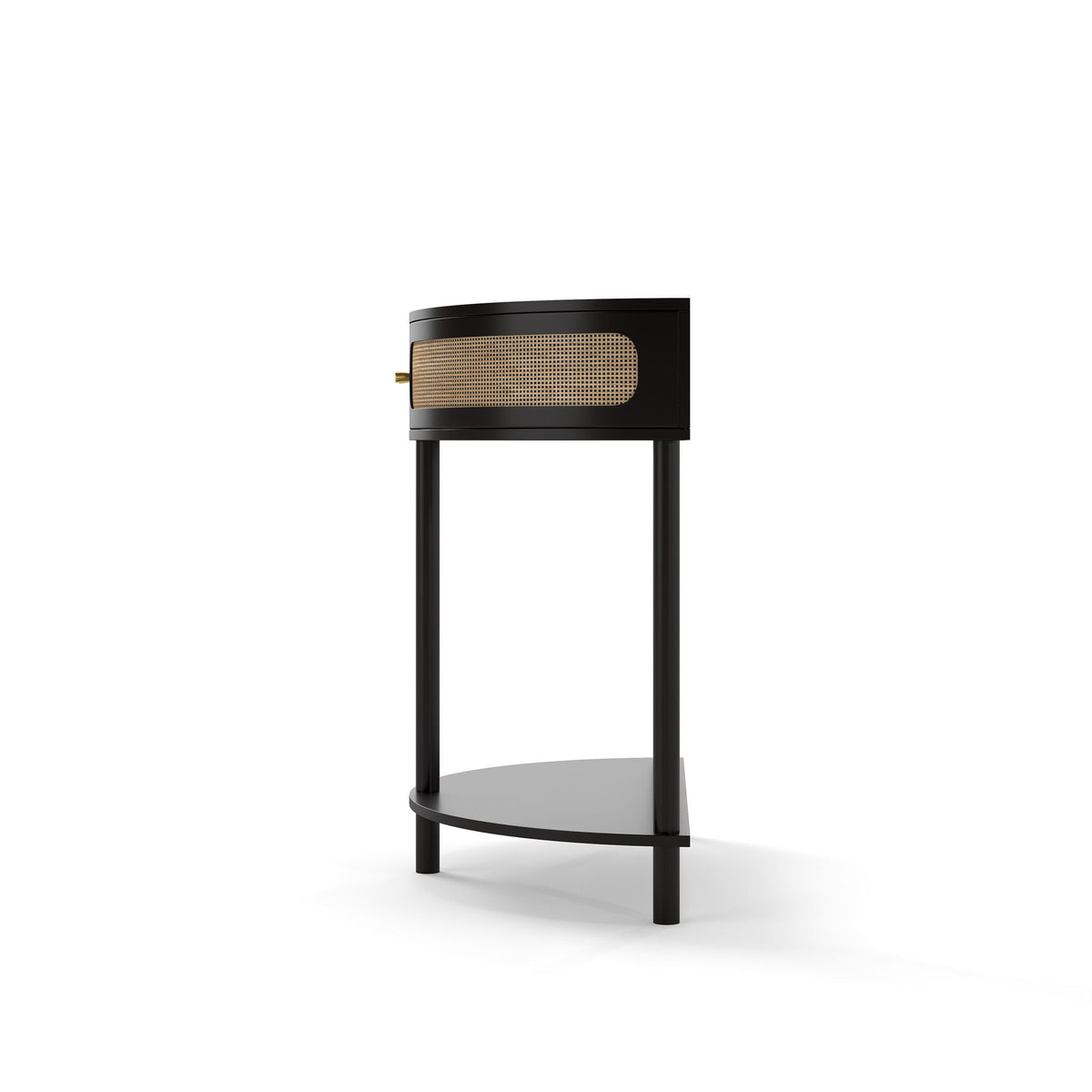 Boho Rattan Semi Circle End Table with Sliding Door and Storage - Black or Dark Green