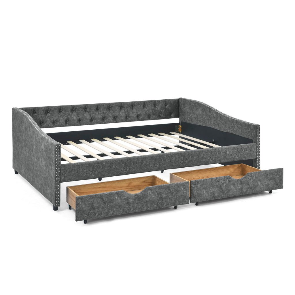 Upholstered Tufted Daybed with 2 Drawers and Waved Arms - Multiple Colors