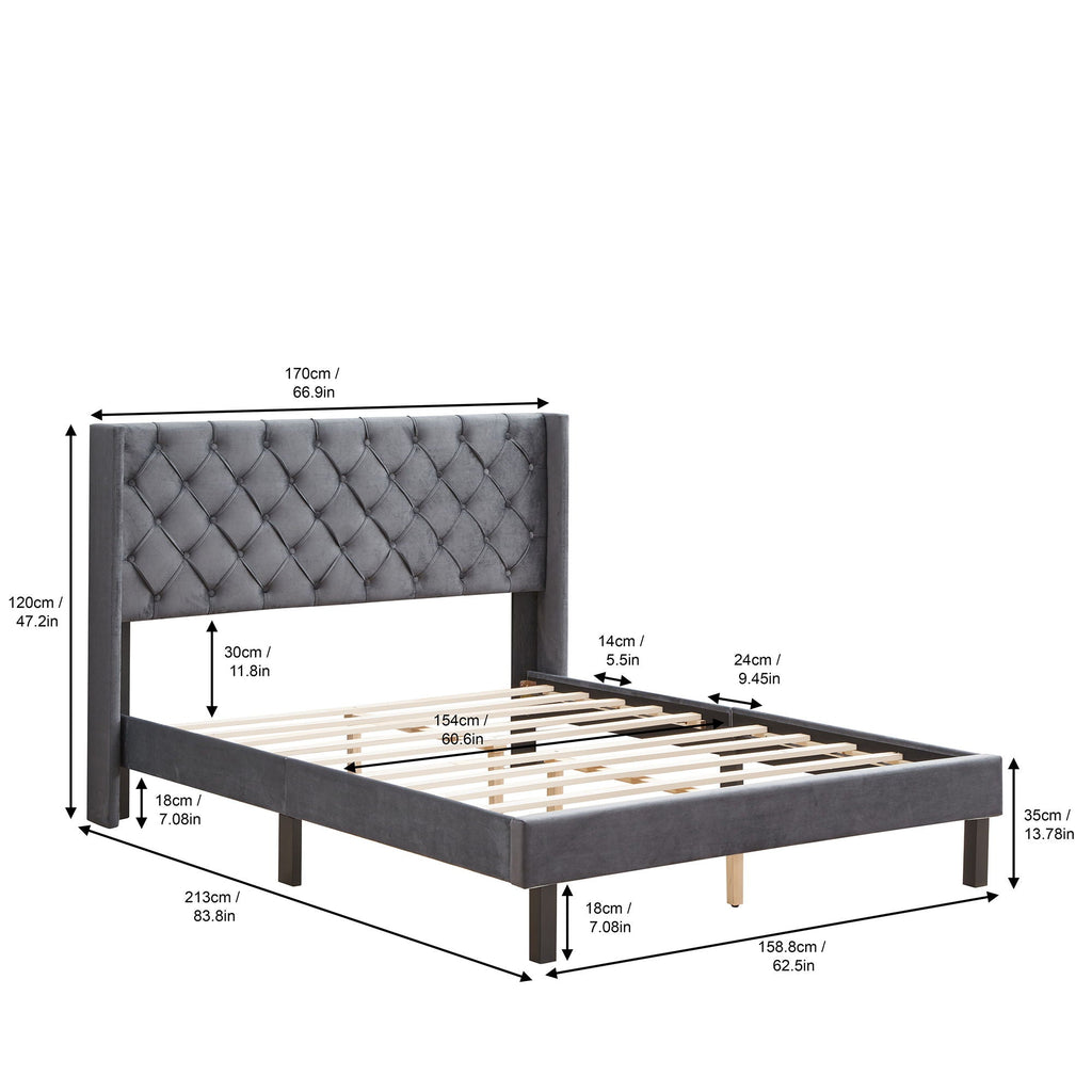 Gray Velvet Upholstered Queen Platform Bed with Wingback and Wood Slat Support