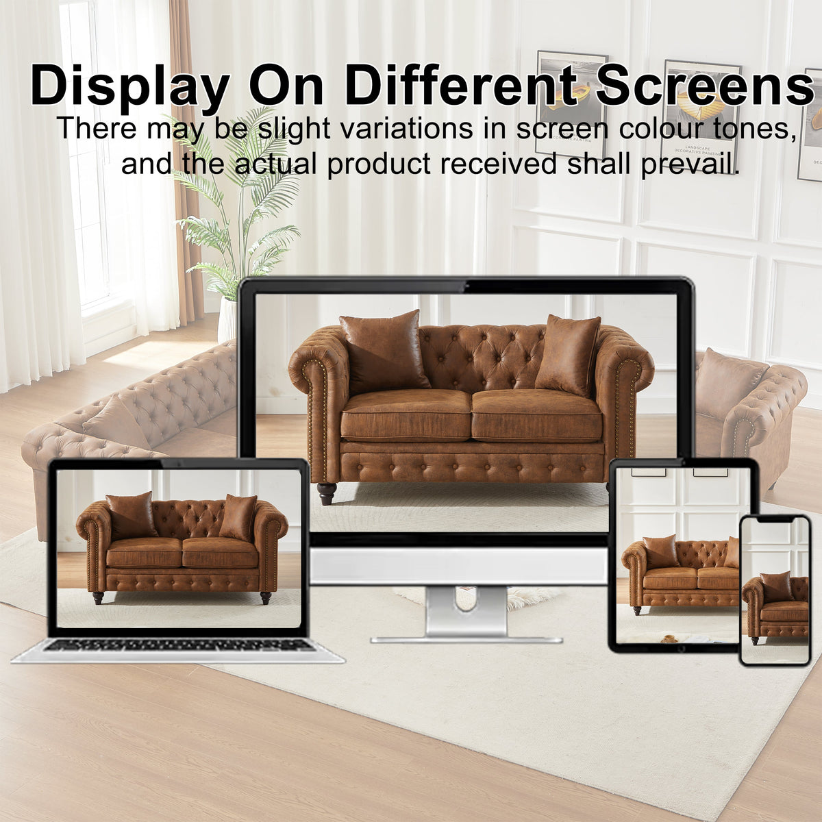 Contemporary Design Chesterfield Sofa with Tech Fabric Upholstery - Neutral