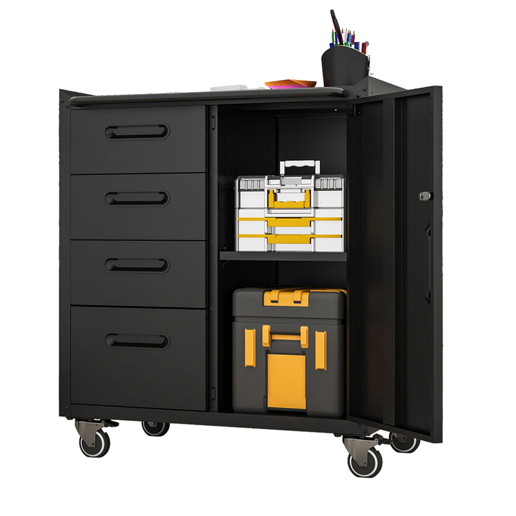 Sturdy Metal Tool Storage Cabinet with Lockable Wheels and Drawers - Gray or Black