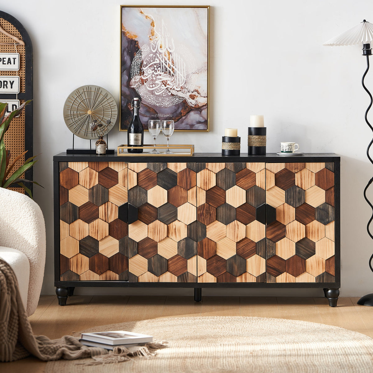 Distressed Storage Cabinet with Honeycomb Pattern - Engineered Wood