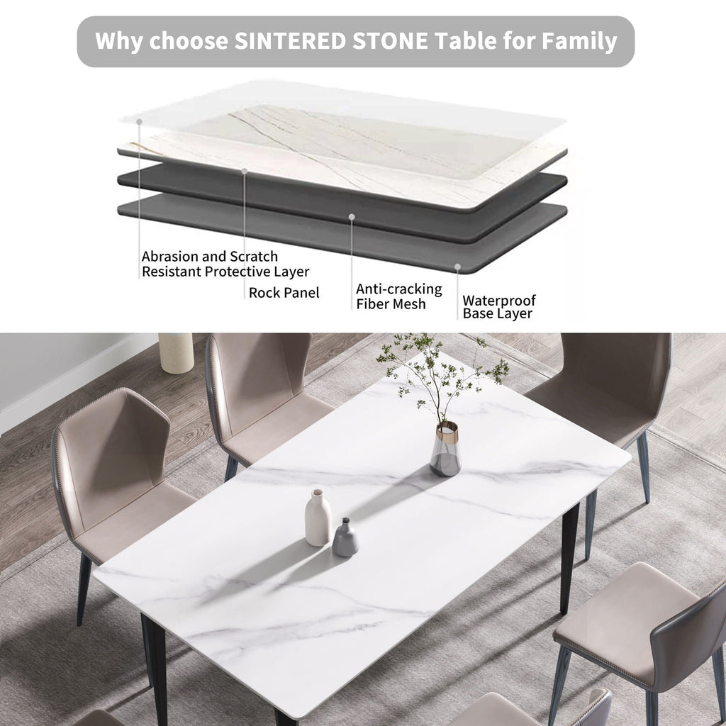Modern Artificial Stone Dining Table with Black Metal Legs - White
