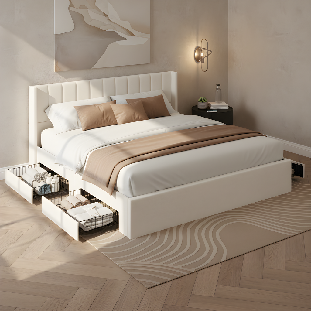 Large-Capacity Upholstered Storage Bed with Drawers - Light Beige