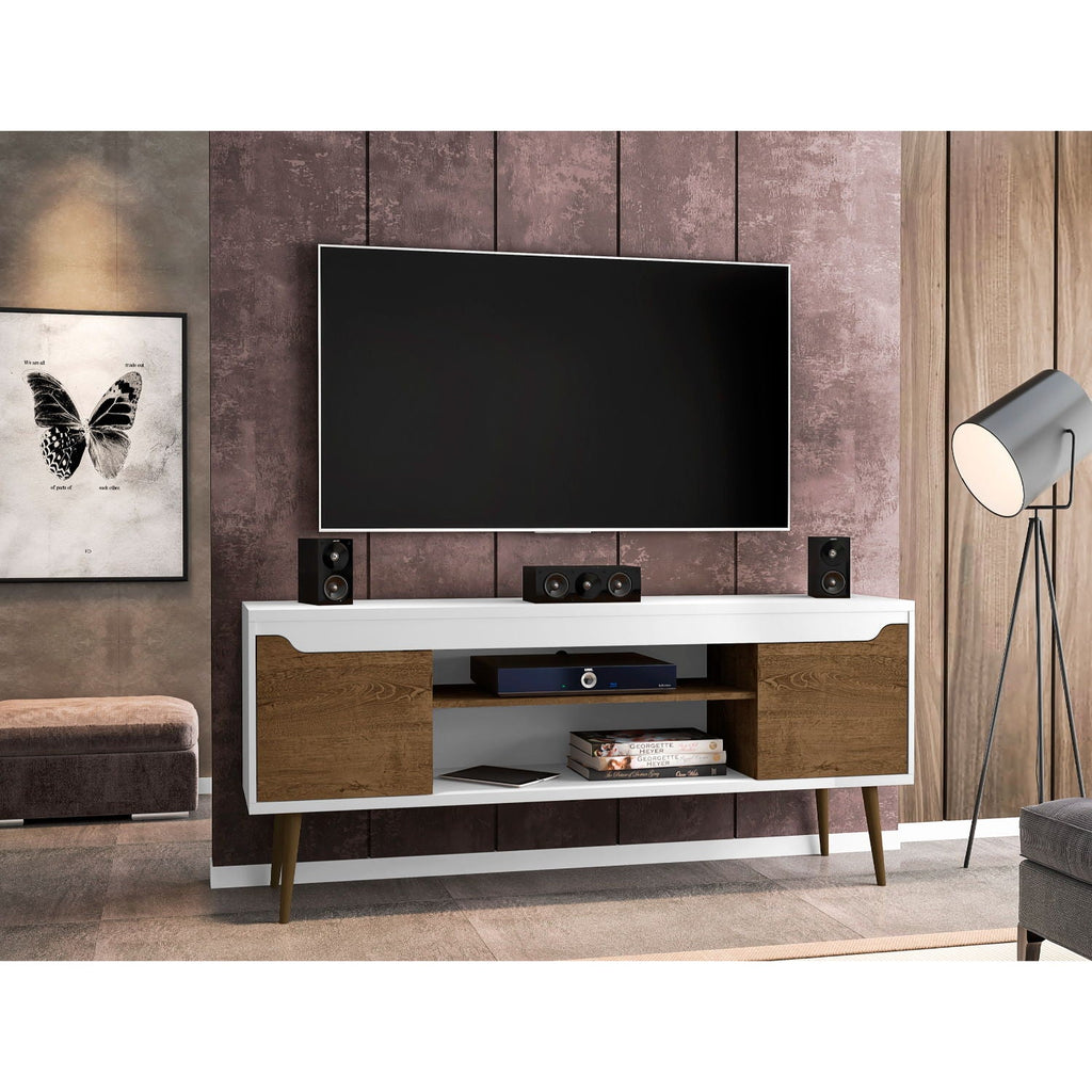 Mid-Century Modern TV Stand with Solid Wood Splayed Legs - White or Black