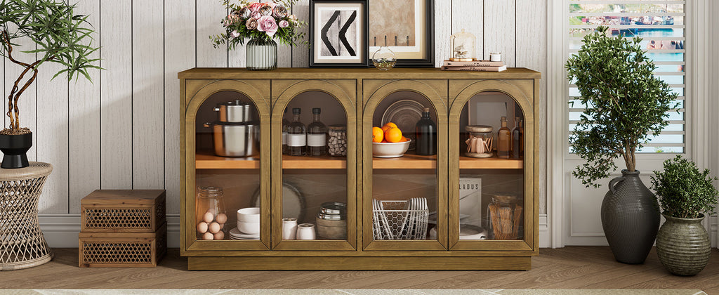 Large Storage Buffet Cabinet with Glass Doors - 4-Door Server, MDF & Pine Wood