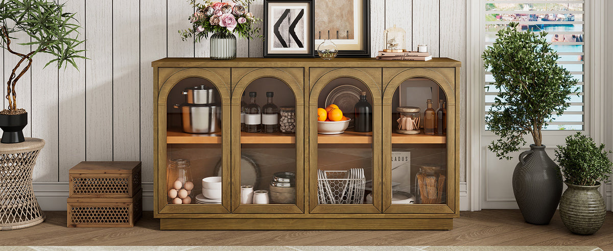 Large Storage Buffet Cabinet with Glass Doors - 4-Door Server, MDF & Pine Wood