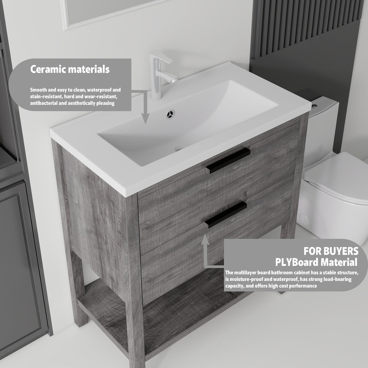 36 Inch Freestanding Bathroom Vanity with Ceramic Sink and Soft-Close Drawer - Grey