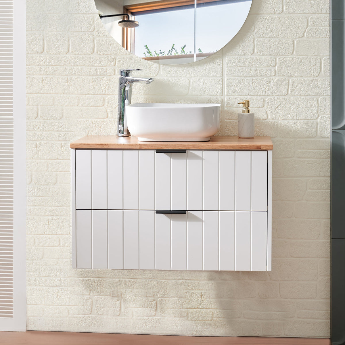 32-Inch Double Drawer Wall-Mounted Bathroom Vanity with Solid Wood Construction