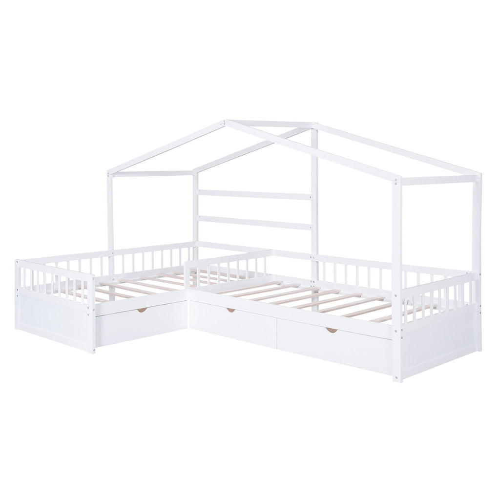 L Shape Twin Platform Bed with 3 Storage Drawers - Dark Gray or White