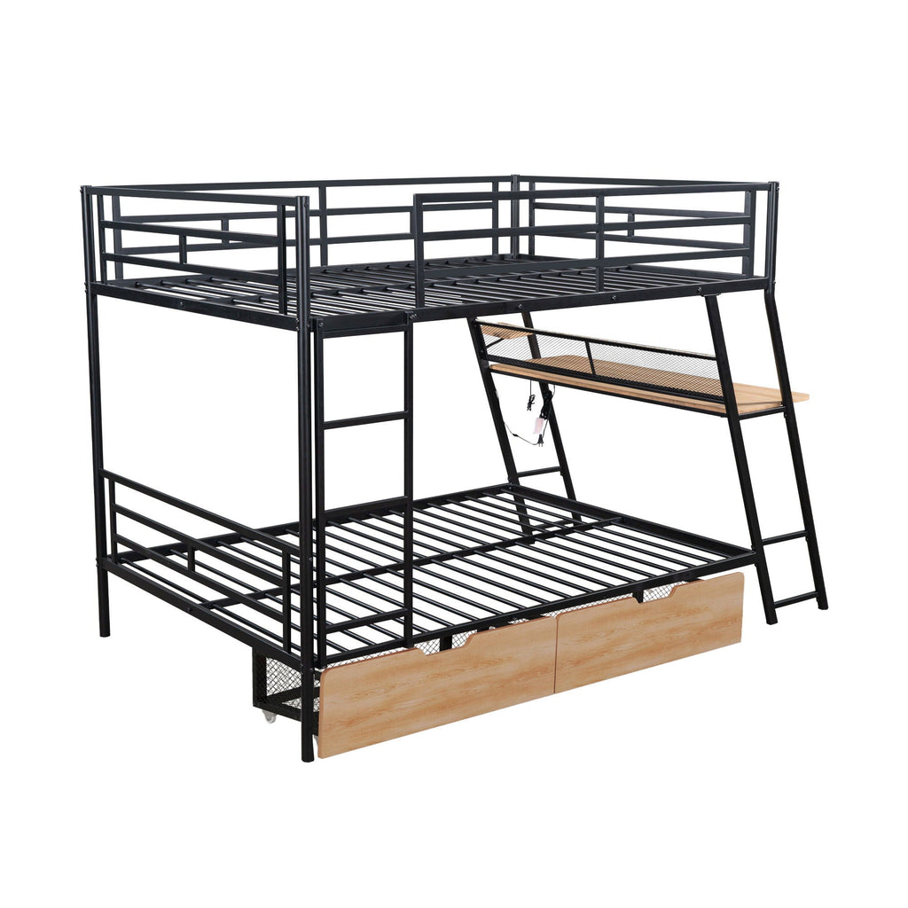 Full Size Bunk Bed with Built-In Desk, Light & 2 Drawers - Black