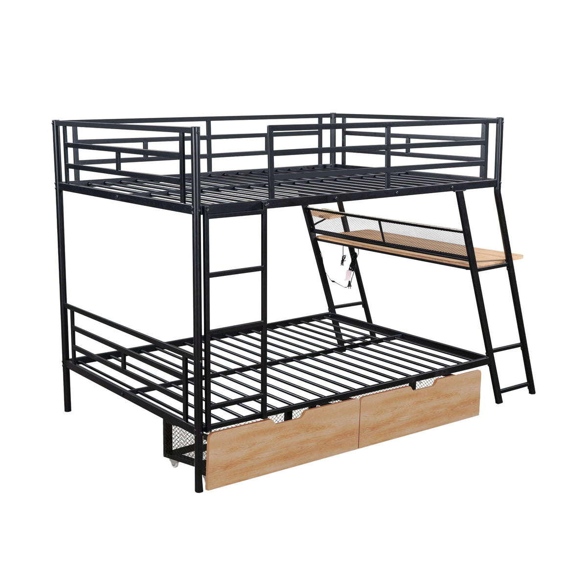 Full Size Bunk Bed with Built-In Desk, Light & 2 Drawers - Black