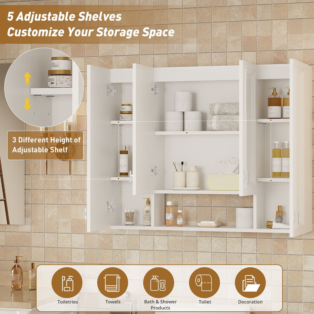 Wall Mounted Bathroom Cabinet With 5 Adjustable Shelves and Soft-Closing Hinges - Gray or Black