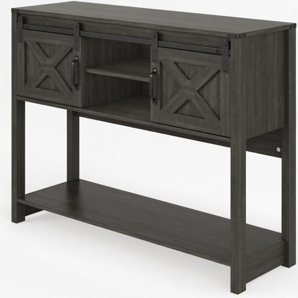 Farmhouse Entryway Table with Sliding Barn Door - Gray, Dark Gray, White, Black
