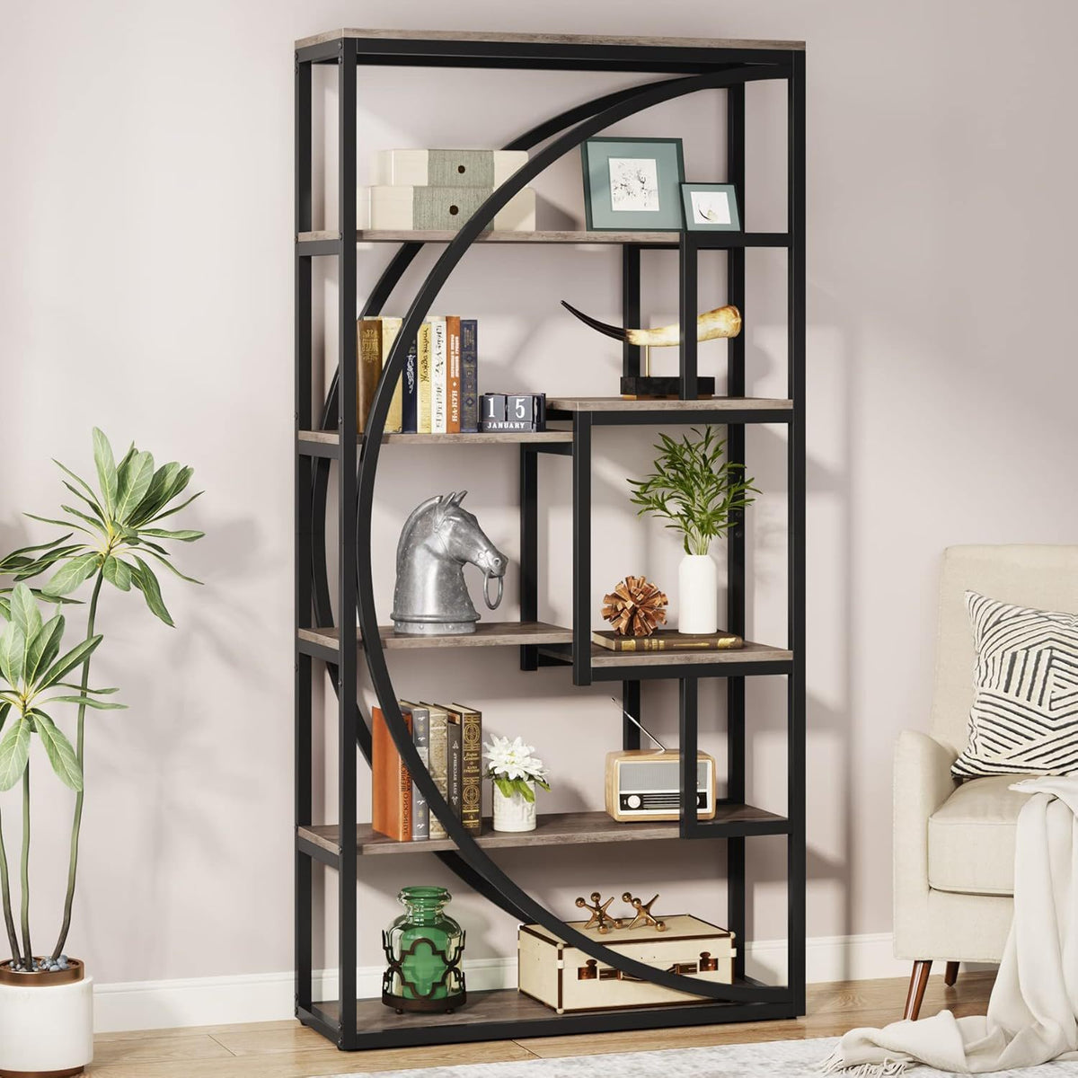 5 Tier Etagere Bookshelf with 8 Open Shelves - Dark Brown or Dark Gray