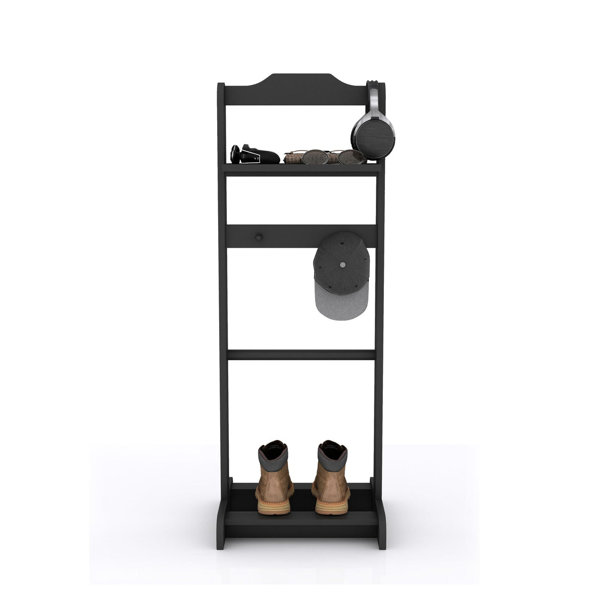 Black Garment Valet Stand with Storage Organizer - Portable Clothes Rack