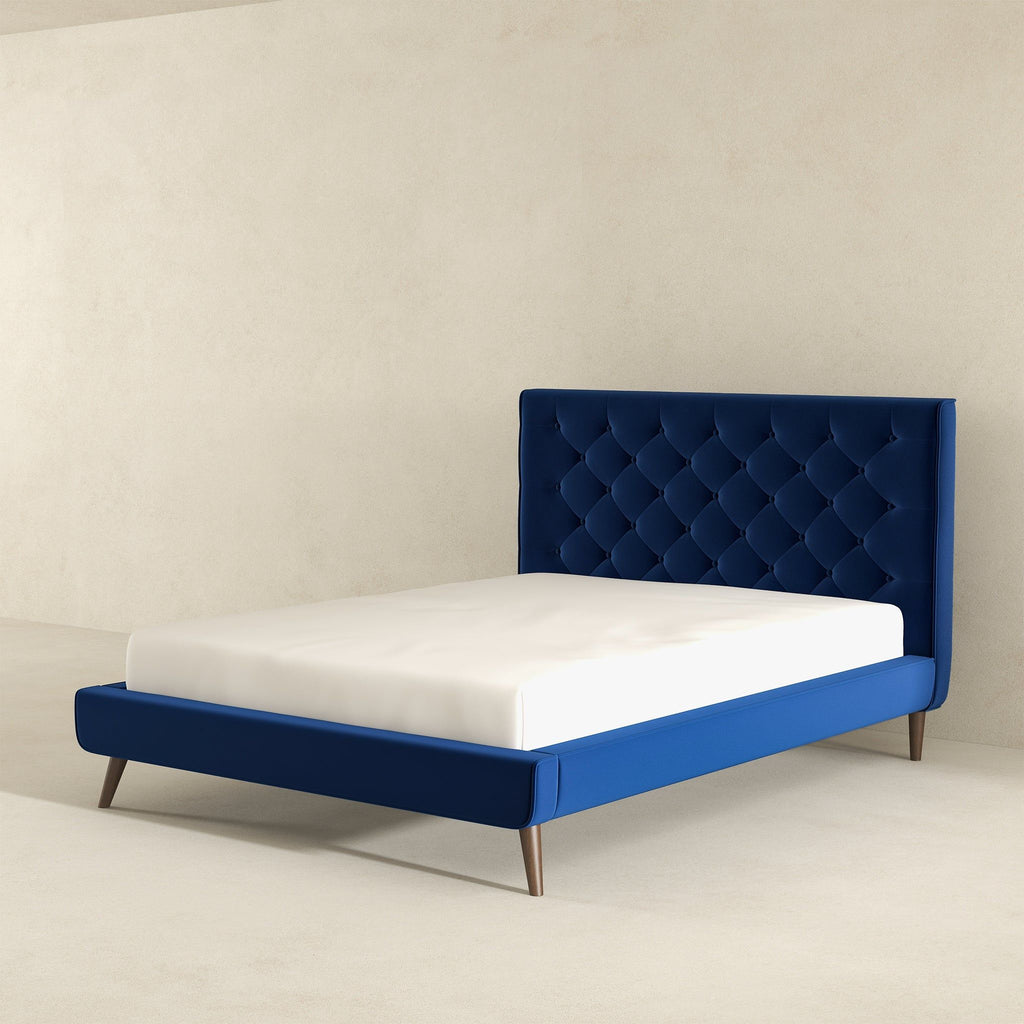 Mid-Century Platform Bed with Tufted Headboard - Blue