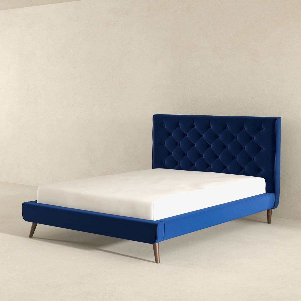 Mid-Century Platform Bed with Tufted Headboard - Blue
