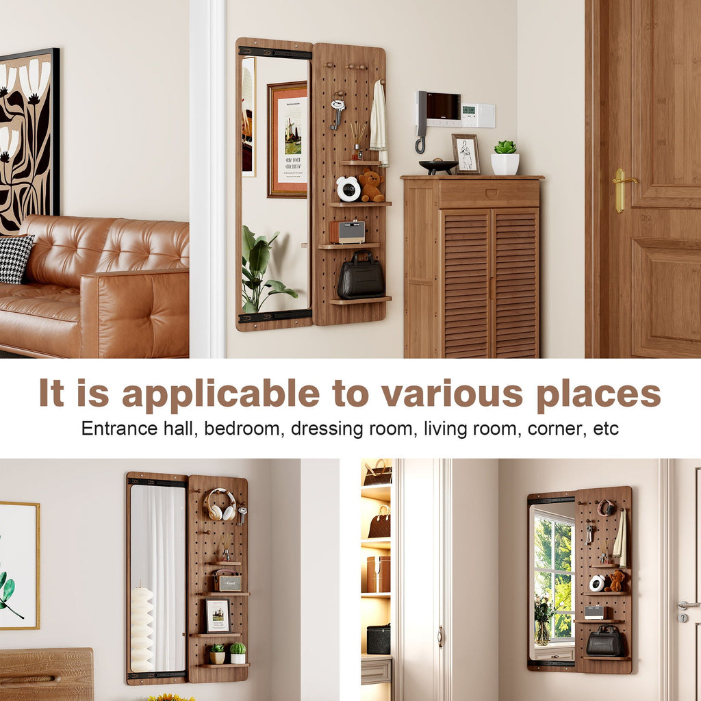 Full Length Wall Mounted Mirror with Shelf and Hook - Dark Brown, White, or Light Brown