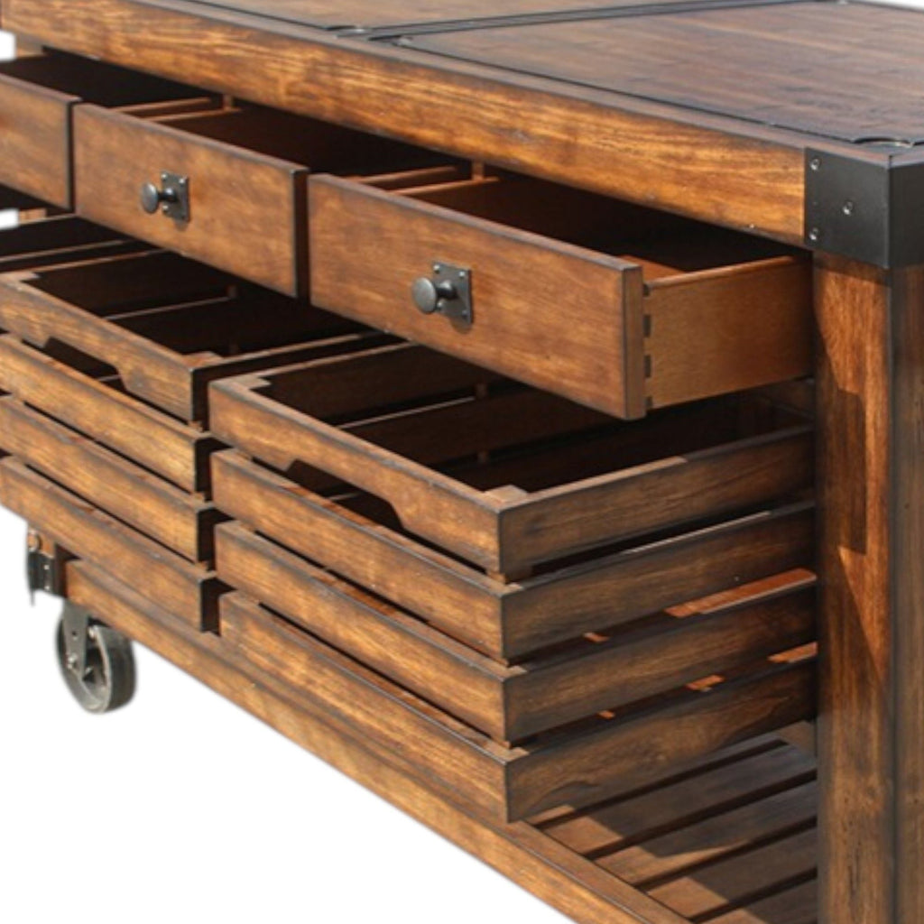 Distressed Chestnut Kitchen Cart with Storage and Casters - Chestnut