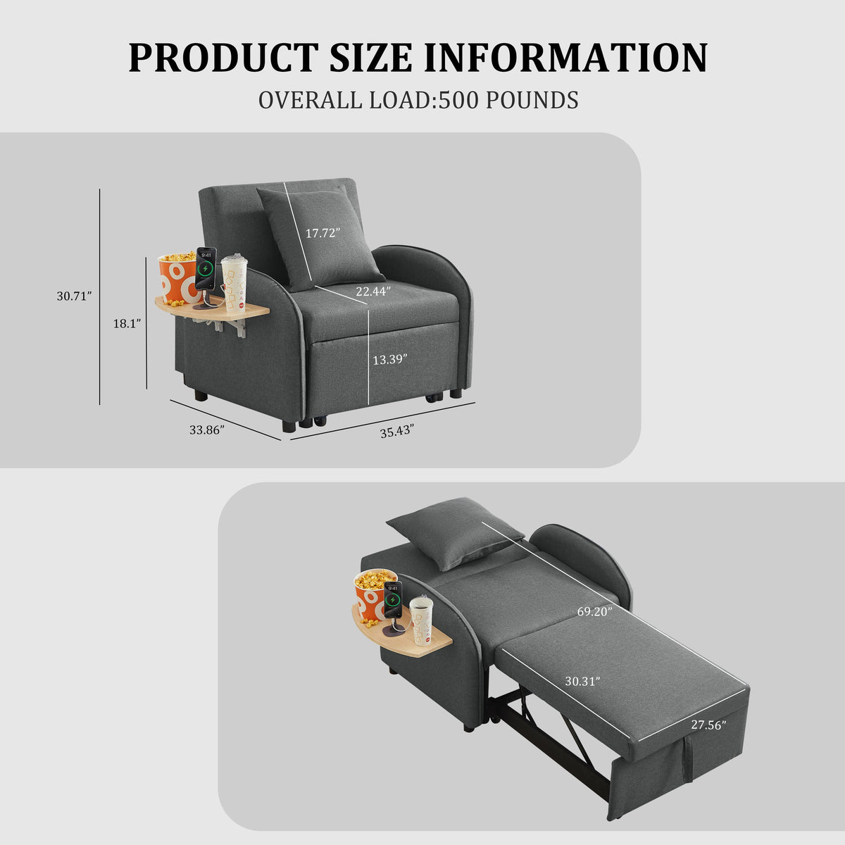 3-in-1 Convertible Sleeper Sofa Chair Bed with USB & Foldable Table - Linen